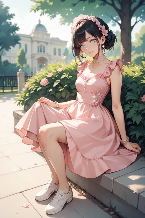 a girl,  Black hair, silver eyes,  pink dress , .  white shoes .  playing in a park