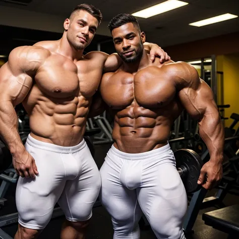 A black bodybuilder hugging a white bodybuilder doing bicep pose,  dressed in gym clothes .  They are enhanced with steroids and both have bulky torsos ,  and have perfectly sculpted thighs , legs, pectorals and biceps .  They really have an incredible phy...