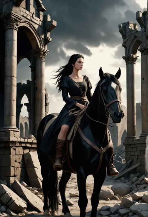 a beautiful witch girl with long black hair , with brown eyes,  in a black silk dress with straps sits back hugging a black-haired young man named Ronin in gear, with a black bun on his head ,  blue eyes , on a black horse riding through a ruined wasteland...