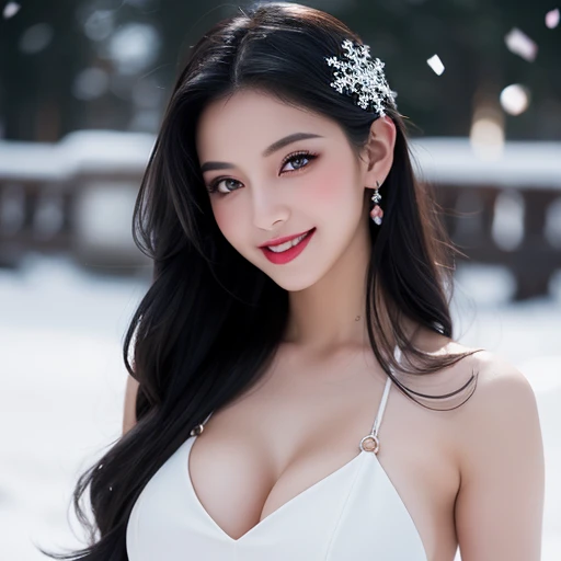 Women, vampires, beautiful,  black hair,  white skin ,  black dress, sexy, snowflakes falling around, High quality,  flirty smile, Ojos rojos,  big breasts