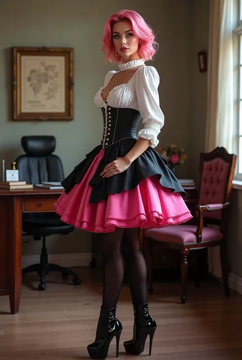 office，full body view, Beautiful european woman standing in a office，short pink curly hair，Beautiful Legs，pink tight high High heel platform  overknee boots, black shiny pantyhose ，black corset, super tiny waist,  slim hourglass figure,  18inch waist, rock...