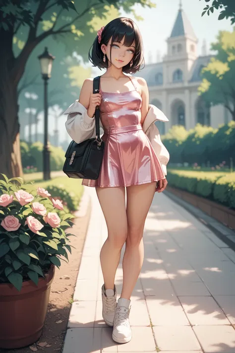 a girl,  Black hair, silver eyes, pink micro dress , .  white shoes .  playing in a park