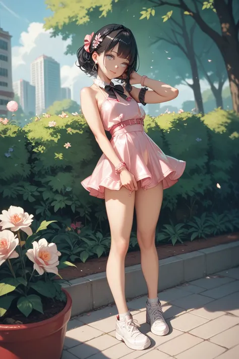 a girl,  Black hair, silver eyes, pink micro dress , .  white shoes .  playing in a park