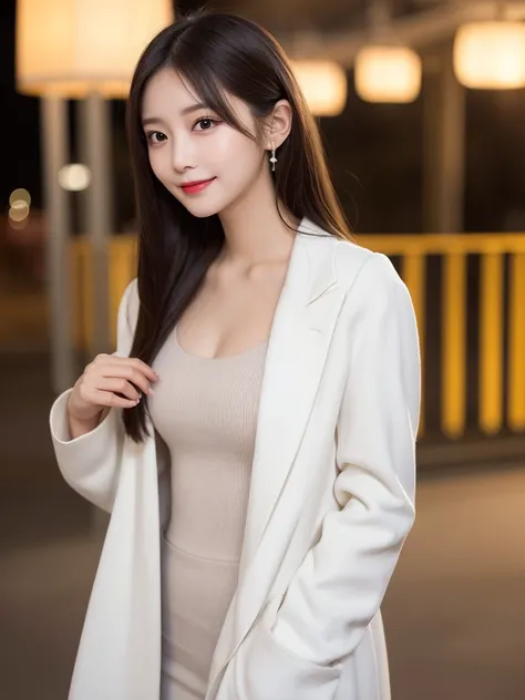 Whole body 1.9, Highest quality, shape, Very detailed, finely, High resolution, 8k wallpaper, perfect dynamic shape, Beautiful and beautiful eyes, (The outfit is a long coat),　Straight hair,Small breasts、Natural Color Lip, Bold sexy pose,smile、20-year-old ...