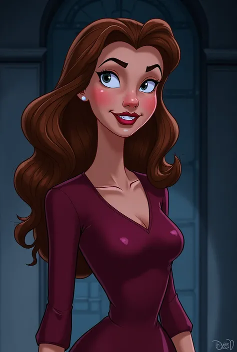 Disney princess Belle reimagined as an evil villain in disney animated style. It should be the same as Belle with same hairstyle but just give her a makeover of a villain. 