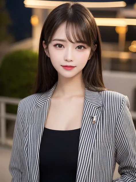 Whole body 1.9, Highest quality, shape, Very detailed, finely, High resolution, 8k wallpaper, perfect dynamic shape, Beautiful and beautiful eyes, (The outfit is a striped jacket),　Straight hair,Small breasts、Natural Color Lip, Bold sexy pose,smile、20-year...