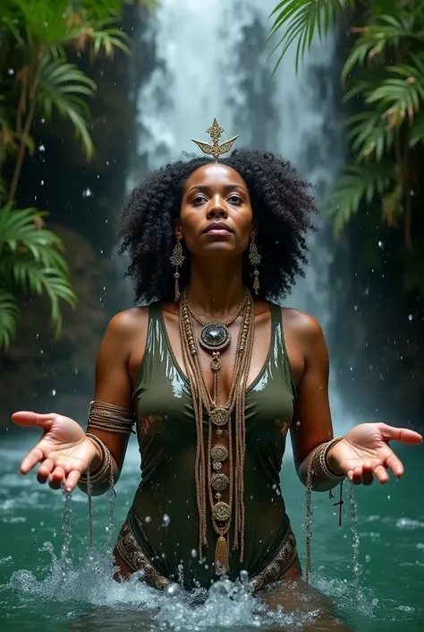 A beautiful black woman in her 40s , slightly bulky body ,  big curly hair full dark ,  dressed in light flowing yellow and gold fabrics,  wearing many props such as earrings , cords, bracelets, wearing a crown, stones, sitting looking up,  standing in the...