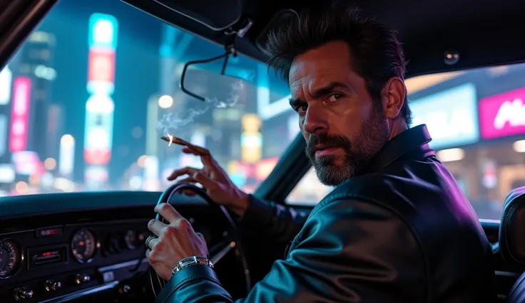 A close-up, cinematic interior shot capturing Jeffrey Dean Morgan in the drivers seat of a 1960s Chevrolet Chevelle, navigating a sprawling neon-lit cyberpunk city at night. The glowing cityscape reflects off the car’s polished dashboard and windows, with ...