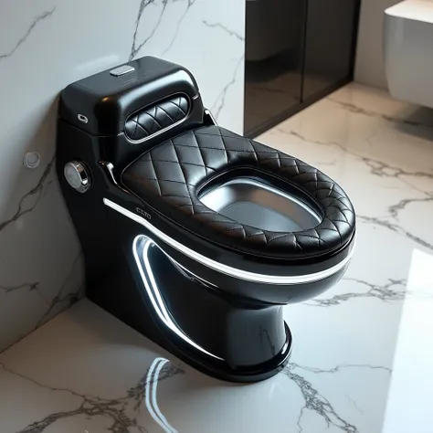 Create a 3D luxurious and futuristic toilet designed to resemble a high-end luxury car. The toilet seat and lid are styled with premium leather upholstery, stitched in diamond patterns, and finished in sleek black and chrome accents. The cistern is streaml...