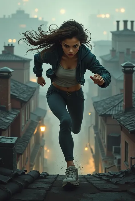 Lady running from a roof