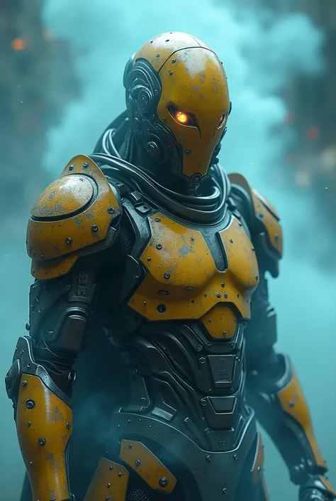 breathtaking cinematic science fiction photo of a portrait of a non human masked Grim dressed as biomechanical body knight in dirty yellow metalskin, body full glowing metrics inside, glowing multicoloured eyes, multifaceted eyes, metallic arms, in a lands...