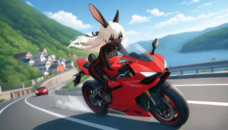 Female kemono style furry rabbit, with white hair and dark black fur, with red eyes, small bust and thin body, wearing casual biker clothes, on top of a red sports bike, panigale v4, is driving quickly around a curve, isolated street in Japan in a fjord, b...