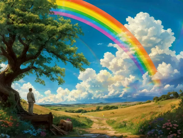 "A serene scene showing Noah standing under a bright, vivid rainbow that stretches across the sky, symbolizing God promise of never flooding the earth again. In the background, Noah Ark can be seen in the distance, now abandoned and weathered. The rainbow ...