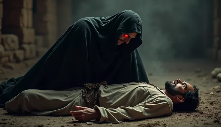 An ultra-realistic 8K image of Satan in a black hooded cloak, with glowing red eyes, reaching down to steal the body of a fallen biblical man. The man appears to be around 50 years old, wearing a simple tunic. The man is lying on the ground, lifeless, whil...