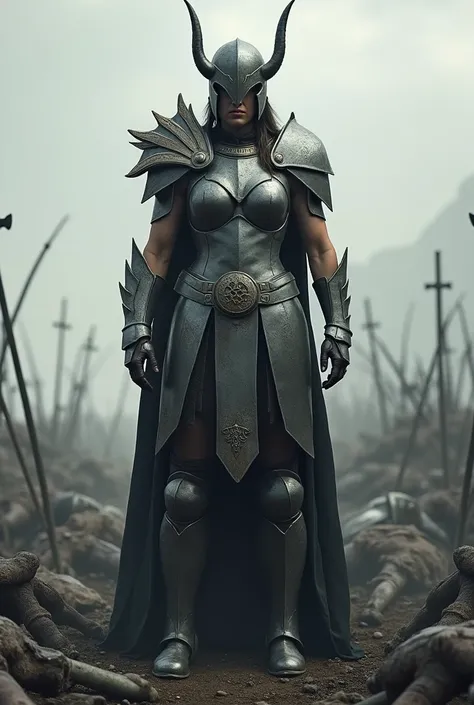 Female viking big ass metal minimalistic armor ass in big plan.standing on battlefield souranded with dead bodies 