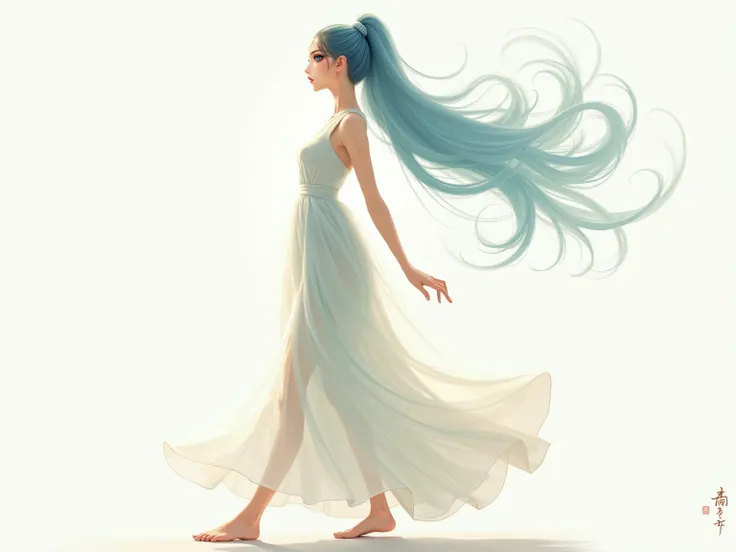  A young woman with a youthful and delicate appearance ,  with long, wavy light blue hair that recalls the soft tones of the sea.  Her walk is elegant and fluid , radiating a natural grace ,  with a serene and harmonious posture that highlights her etherea...