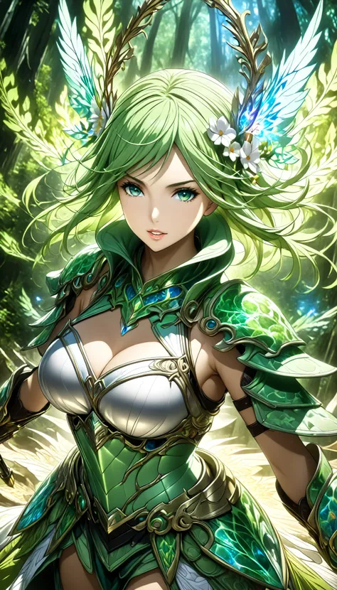 ( masterpiece , top quality, top quality, Official Art , beautifully、beautiful:1.2), ( 1 girl:1.3), ( fractal art :1.3), card, Tarot, green hair, TWIN BLADE , hair flower , ( good lighting :1.1), (( high definition )), Surreal Fractal Fantasy , 壮...