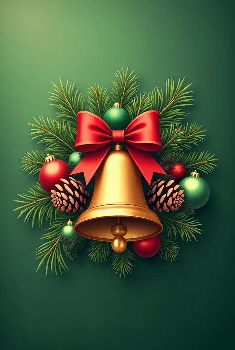  Create a vector illustration of a Christmas theme . The image must include:

 A festive green background with a soft gradient .
 An elegant Christmas arrangement with pine cones , green leaves, and decorative fruits .
 A golden bell centered on the compos...