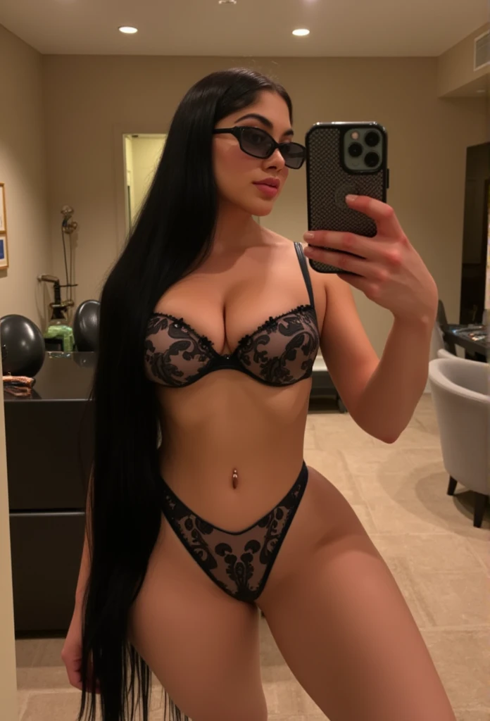 A beautiful woman with long black hair, wearing black lingerie and sunglasses, taking a selfie in a room, (best quality,4k,8k,highres,masterpiece:1.2),ultra-detailed,(realistic,photorealistic,photo-realistic:1.37),1girl, hot, sexy, big breasts, full body, ...