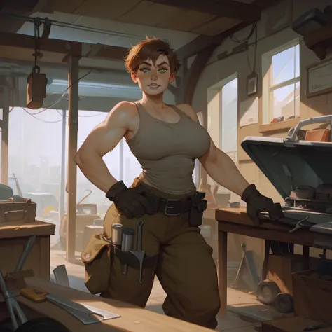 Young woman, short hair, tomboy, athletic, green eyes, large breasts, wide hips, chunky, gray tank top, sweaty, baggy cargo trousers, tool belt, big work gloves, workshop, mechanic, robot workshop, (incase:0.35)