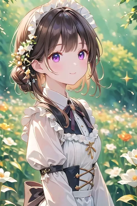  top quality、 high definition 、 one girl、grassland、Standing on the grass、Wearing a black and white maid outfit,  Highly Detailed Faces、smile、 Closed Her Mouth ,Beautiful red eyes,  brown hair 、smile, AMAZING PICTURES , Dramatic lighting, Absolute reference...