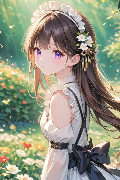  top quality、 high definition 、 one girl、grassland、Standing on the grass、Wearing a black and white maid outfit,  Highly Detailed Faces、smile、 Closed Her Mouth ,Beautiful red eyes,  brown hair 、smile, AMAZING PICTURES , Dramatic lighting, Absolute reference...