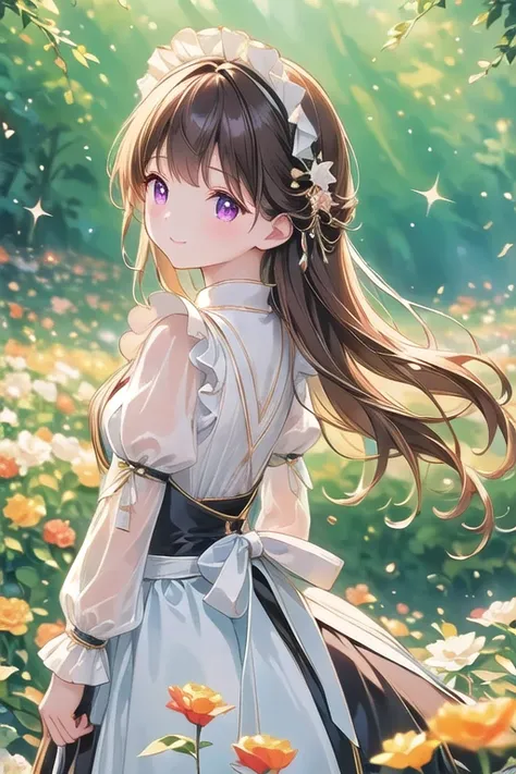  top quality、 high definition 、 one girl、grassland、Standing on the grass、Wearing a black and white maid outfit,  Highly Detailed Faces、smile、 Closed Her Mouth ,Beautiful red eyes,  brown hair 、smile, AMAZING PICTURES , Dramatic lighting, Absolute reference...