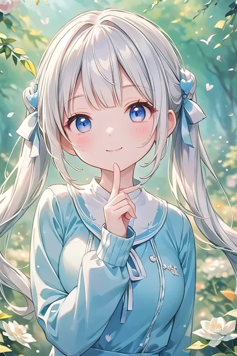  white hair 、Blue and white eyes、 twin tails、Light Blue Sweater(uniform)、cute、 girl、smile、Making a heart with hands