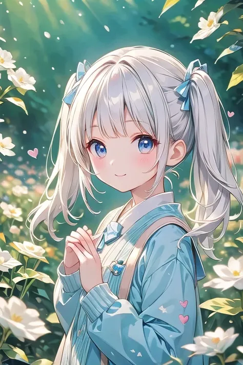  white hair 、Blue and white eyes、 twin tails、Light Blue Sweater(uniform)、cute、 girl、smile、Making a heart with hands