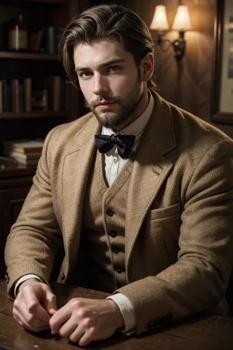 A handsome man with brown hair and a brown beard, 1940s style clothing, elegant pose, warm lighting, cinematic mood, highly detailed, photorealistic, masterpiece, 8k, intricate details, chiaroscuro lighting, dramatic shadows, warm color palette