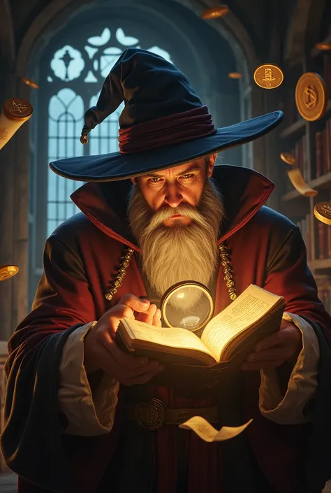 A stern wizard examining a glowing ledger with a magnifying glass. The scene includes floating coins and glowing scrolls, with a dimly lit library as the backdrop. Styled with rich magical detailing.