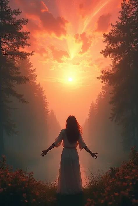 It creates an image of a woman thanking the universe with a beautiful landscape, there are many trees, a reddish sunset and a quiet environment.