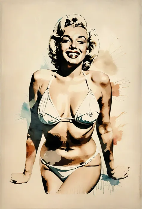 Marilyn Monroe looking at the camera and smiling softly. very small white bikini, sexy tanning bikini, iconic Marilyn Monroe pose, full body, The details of her face drawn with transparent watercolor brush strokes and a simple background enhance her eyes.