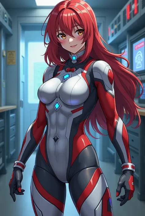   My Hero Academia Style ,   anime girl  , woman, young woman ,  full body shot ,( Fighting Stance :1.3), long hair, Red Hair,   Brown Eyes , hero suit, Full Body Suit, silver suit with red and blue details,  Perfect Anatomy  ,  enhanced abs , super detail...