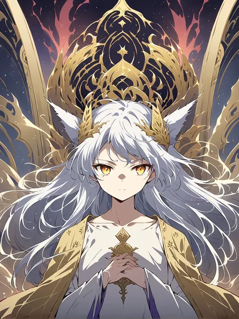 (( top quality )), (( masterpiece fails)), ( in detail), (( perfect face))、miyabi ,man, long,  flowing silver hair with thin strands .
spicy,  pierced golden eyes .  Fox ears on top of her head .
 Serious and slightly mysterious . Pale and smooth .
 Fan Ar...