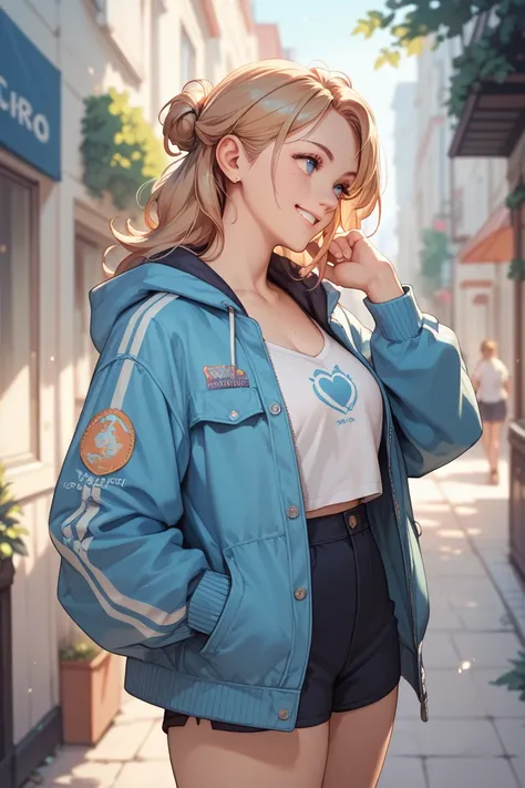 1 girl,  corto, open blue jacket, looking sideways,  smiling.