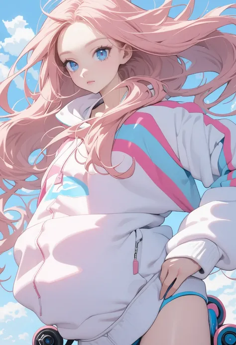 A young beautiful teenage girl with a skinny body and long fluffy flowing pink and ginger hair and deep blue eyes in a white and blue tracksuit and rollerblades 