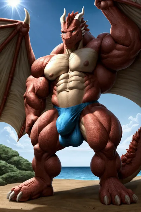 A very muscular dragon, big dragon, big muscle, big paws, short, flex muscle, cock bulge, take a human