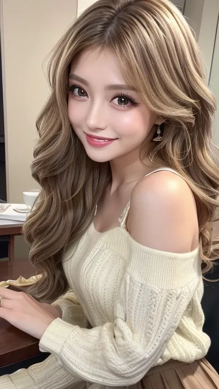 (( top quality,  table top in front of you,  super high resolution、 most complex and detailed description ))、(Spring-like outfit)、( face close-up :1.5),( one beautiful woman :1.8)、(Very Light Brown Wavy Hair:1.8), ( accurate anatomy:1.1)、  close your mouth...