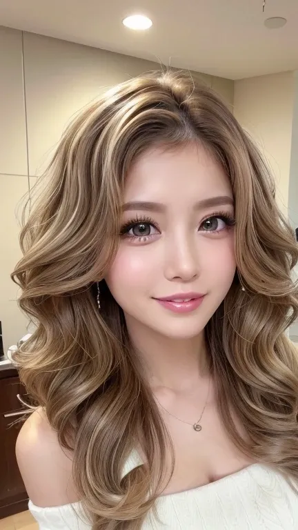 (( top quality,  table top in front of you,  super high resolution、 most complex and detailed description ))、(Spring-like outfit)、( face close-up :1.5),( one beautiful woman :1.8)、(Very Light Brown Wavy Hair:1.8), ( accurate anatomy:1.1)、  close your mouth...