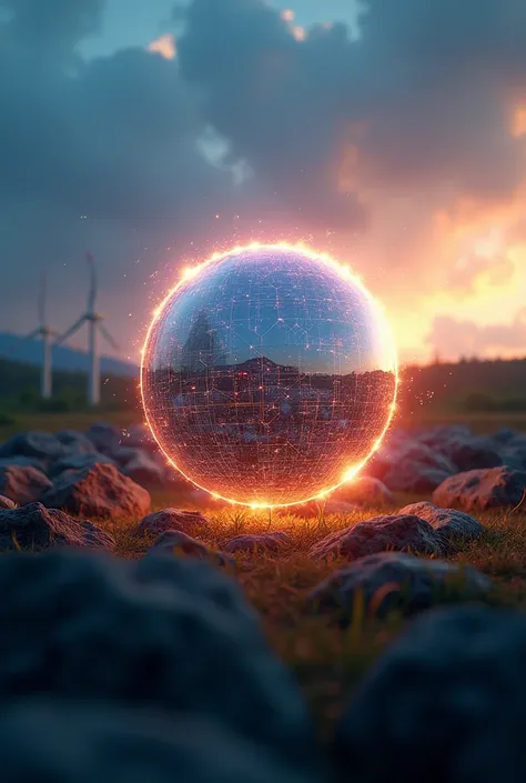 A shimmering,  spherical energy symbol ,  surrounded by a glowing aura .  In the background you can see futuristic machines and a landscape with wind turbines and solar panels.  The brand looks like a small , but powerful energy source ,  that is about to ...