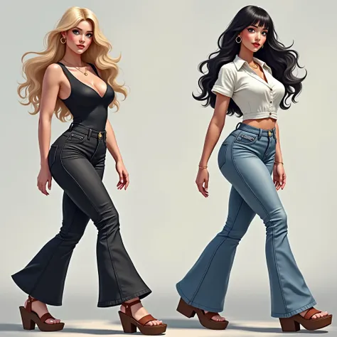  realistic image of two young Brazilian women . a blonde white woman, beautiful,  curvy body, She wears a wide jumpsuit ,  just around the waist and the other white one with long black hair with fringes ,  curvy body, Wear black bell-bottomed pants that hi...