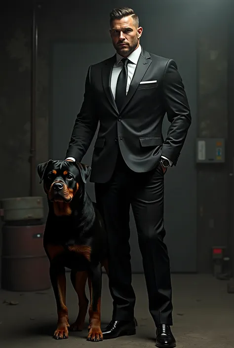 man in black suit, athletic build with a rottweiler on his side