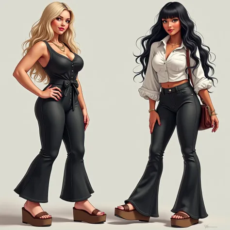  realistic image of two young Brazilian women . a blonde white woman, beautiful,  curvy body, She wears a wide jumpsuit ,  just around the waist and the other white one with long black hair with fringes ,  curvy body, Wear black bell-bottomed pants that hi...