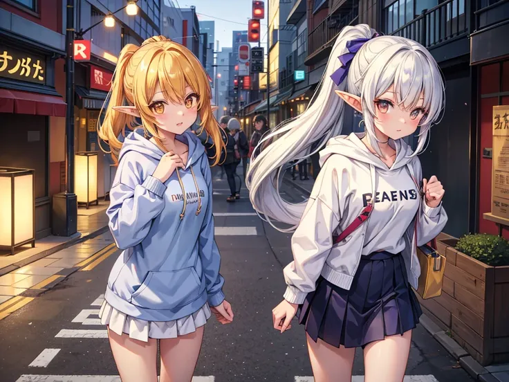 anime girl with elf ears, Japanese face , White ponytail hair,  golden eyes,  hoodie, pc, streamer, vtuber,  street style,Downtown Tokyo,Higurashi,