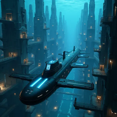  Submarine Megalopolis

Bright black with blue neon lights,  looking like a futuristic mini-city , exploring the abyss 