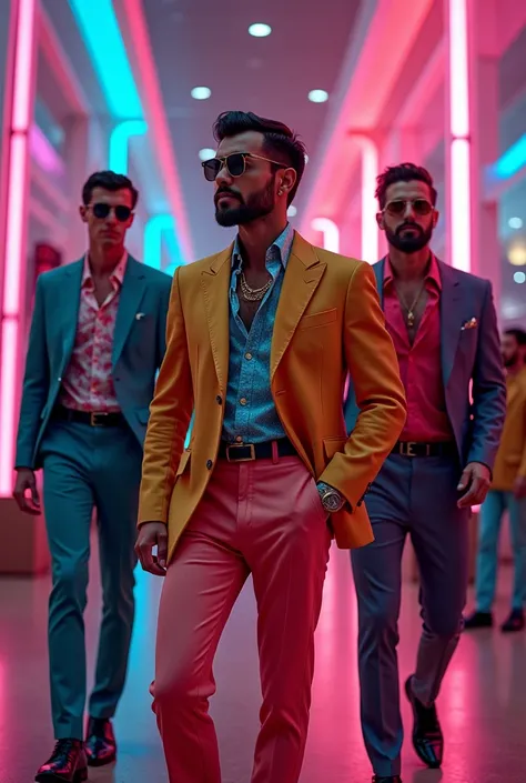  specifies the fashion of the 80s for men ,  that represent the colors of that time  ,  had the clothes that  , The style that  ,  wore the accessories that they wore , 