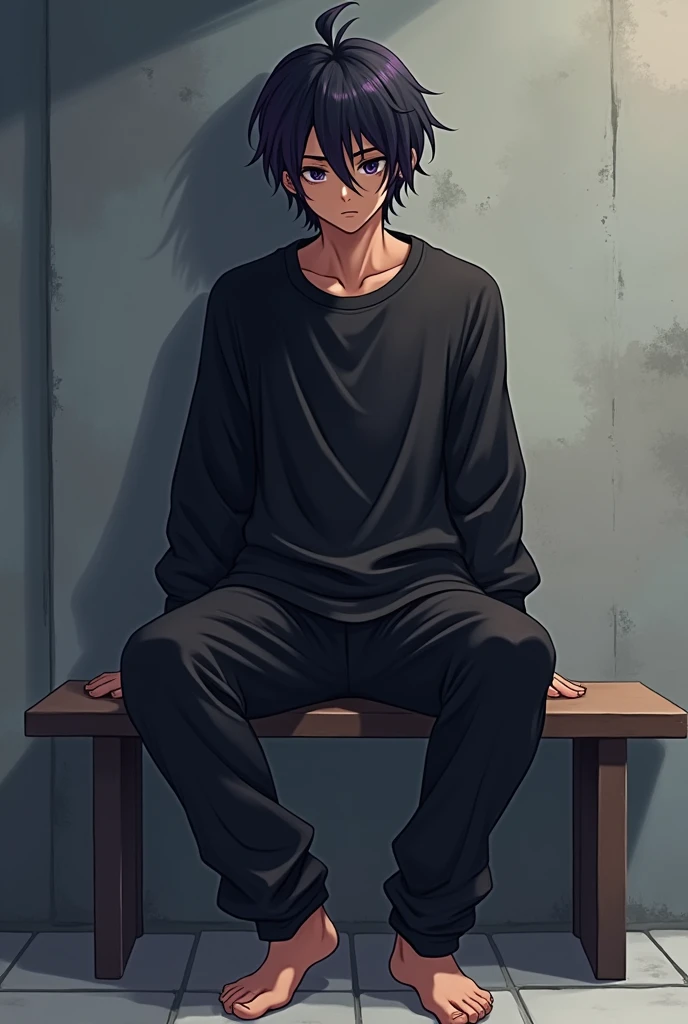 fanart style , tall boy with light brown skin  ,  straight black hair with some purple wigs , black eyes with a black sweatshirt and loose black pants up to the feet,  he was sitting with his legs slightly wide open on a square bench  