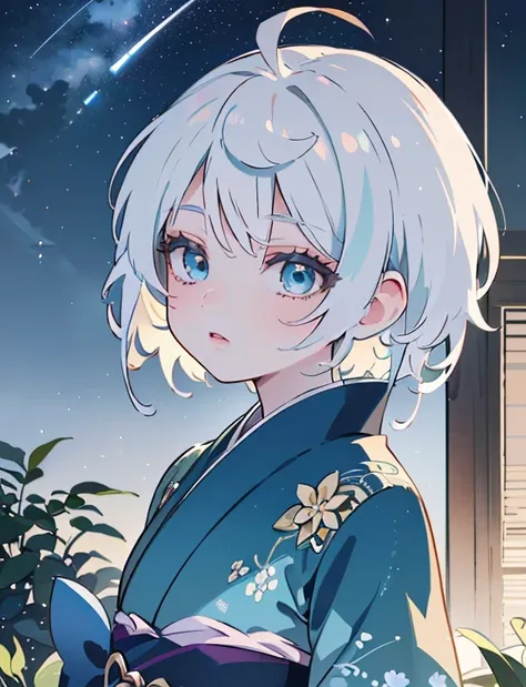 a beautiful woman with short silver hair, wearing a blue kimono, butterflies flying, in a starry sky, colorful and shimmering starry sky, anime-style illustration, (best quality,4k,8k,highres,masterpiece:1.2),ultra-detailed,(realistic,photorealistic,photo-...