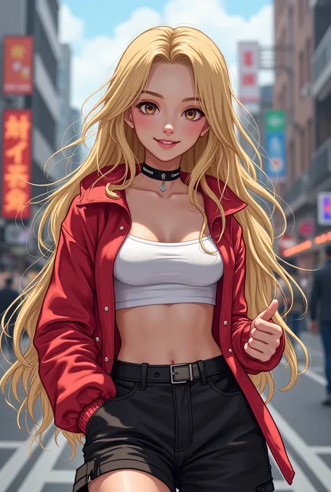  very detailed and expressive, silky blonde beauty, long, shiny, wavy hair, bright hazel eyes, china-like skin, smiling happily, wearing modern, stylish clothes with choker necklace, standing casually with one leg slightly forward, { casual clothing, toned...